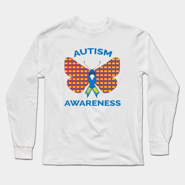 Autism Awareness Puzzle Piece Butterfly Ribbon Long Sleeve T-Shirt by mstory